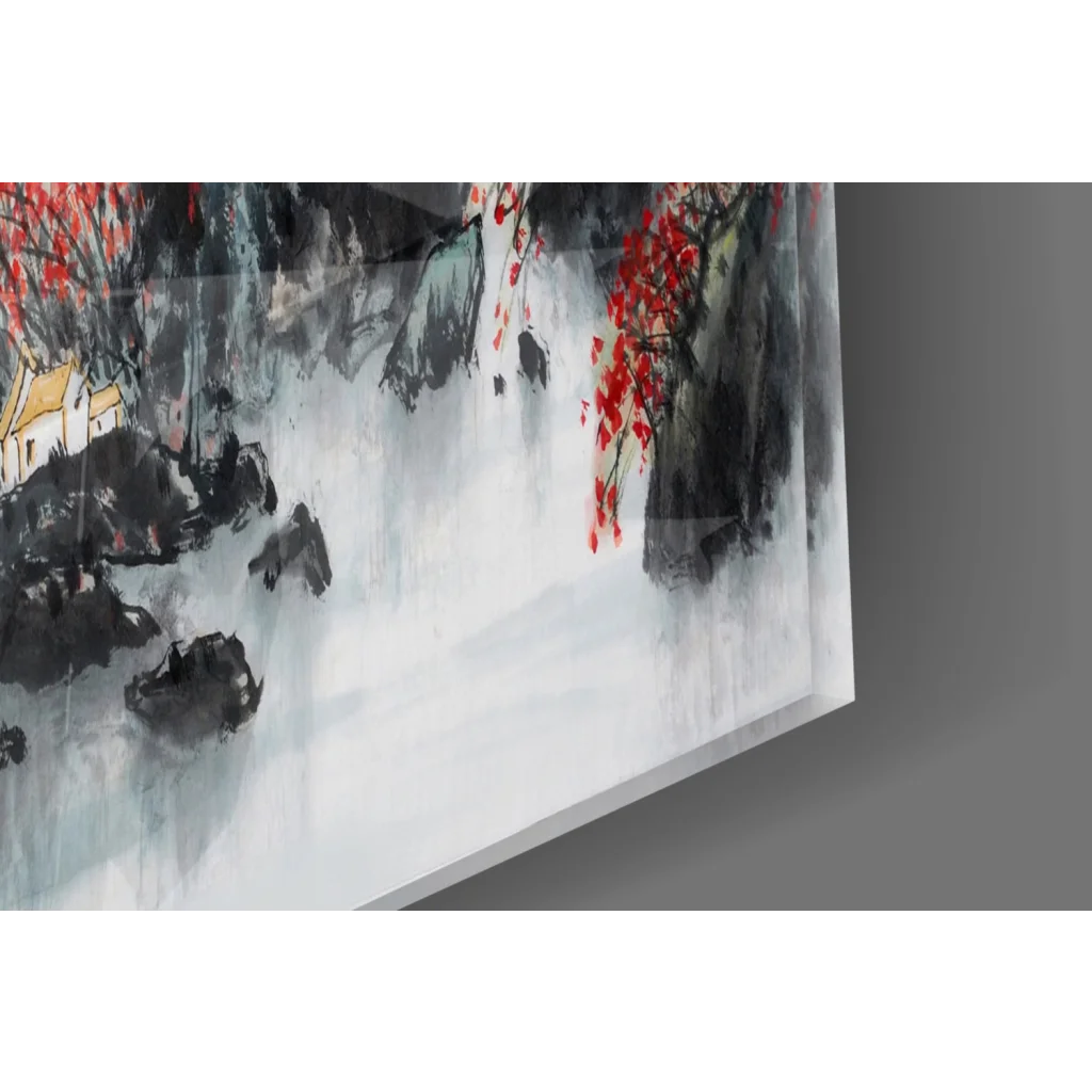 Misty Mountain red foliage watercolor wall art with trees and house