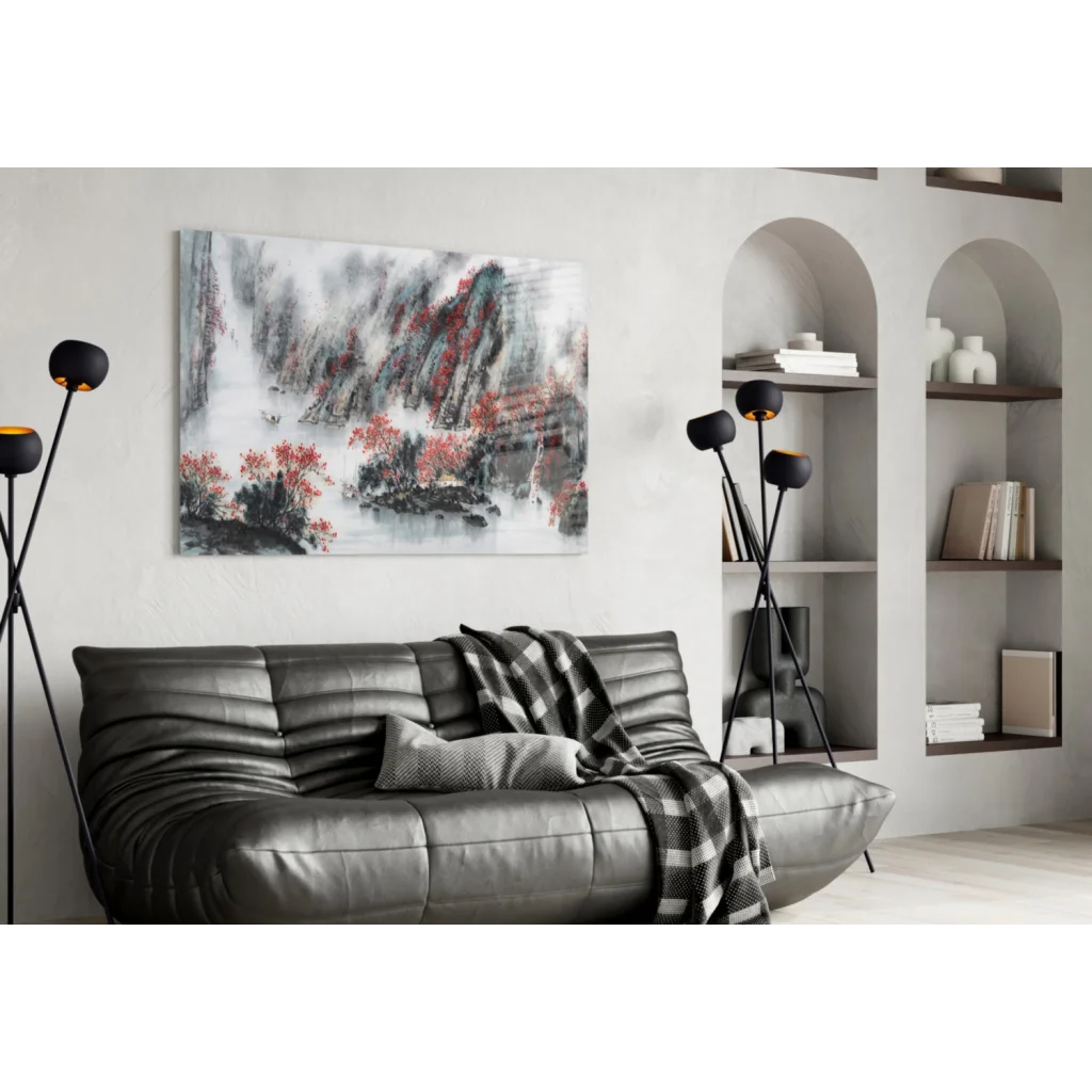 Misty Mountain red foliage abstract canvas wall art with leather sofa and black white checkered throw