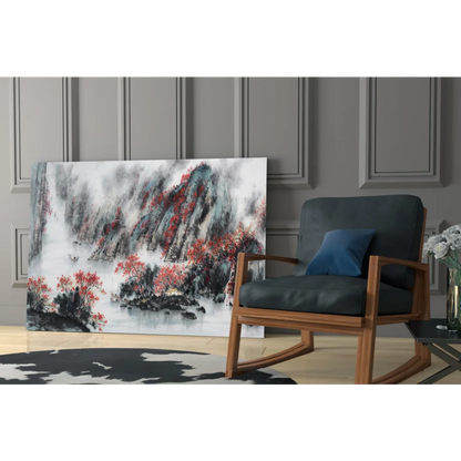 Modern wooden rocking chair with blue cushion under Misty Mountain wall art