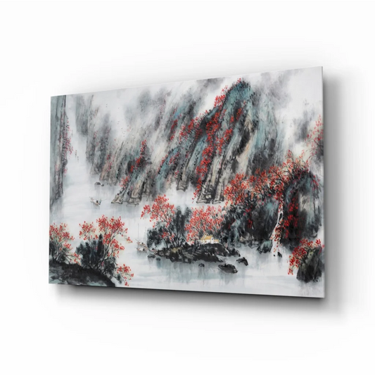 Misty Mountain red foliage canvas wall art print with misty vibe
