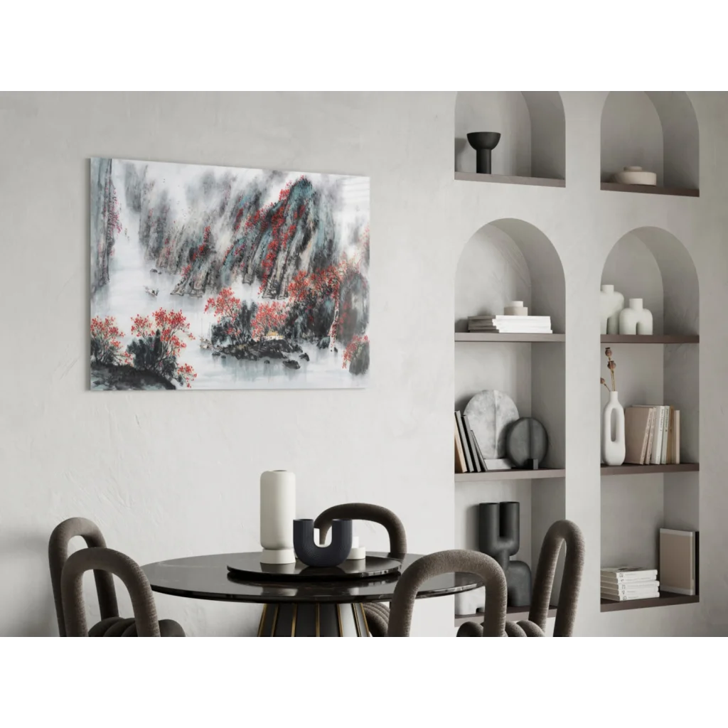 Misty Mountain red foliage abstract wall art over black round dining table with modern geometric chairs and minimalist white shelving