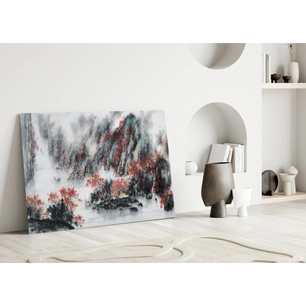 Modern red black abstract Misty Mountain canvas wall art