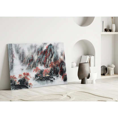 Modern red black abstract Misty Mountain canvas wall art