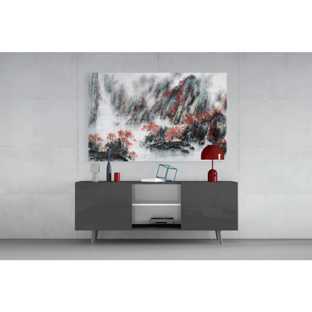 Modern dark gray sideboard with silver legs under Misty Mountain wall art