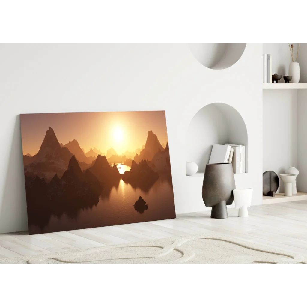 Serene misty mountain sunrise canvas wall art in golden hues