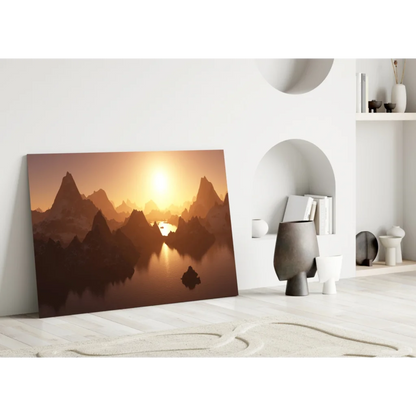 Serene misty mountain sunrise canvas wall art in golden hues