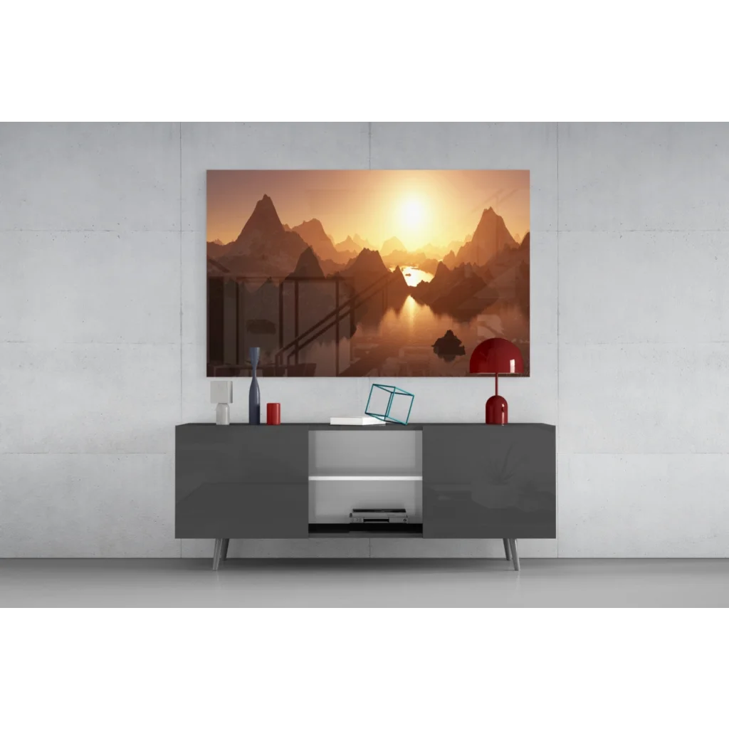 Vibrant Samsung QLED TV as misty mountain sunrise glass wall art