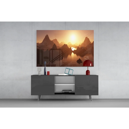 Vibrant Samsung QLED TV as misty mountain sunrise glass wall art