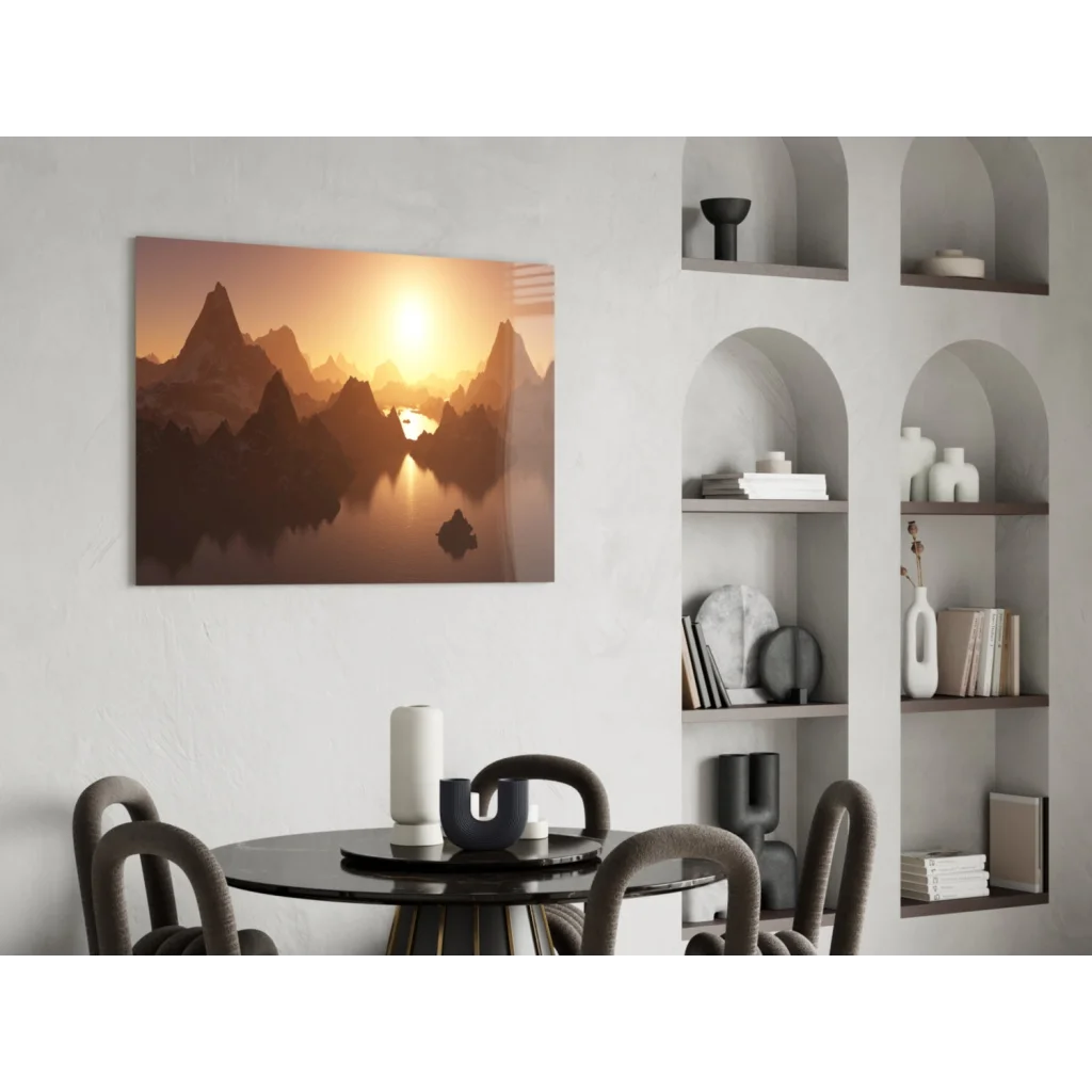 Modern black round dining table in Misty Mountain Sunrise wall art print