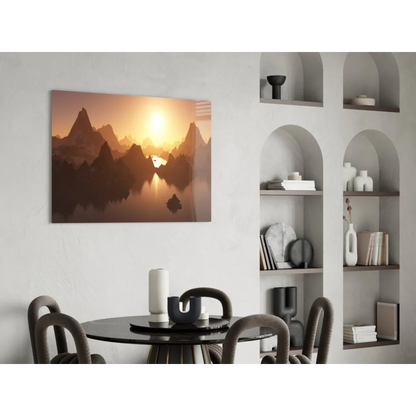Modern black round dining table in Misty Mountain Sunrise wall art print