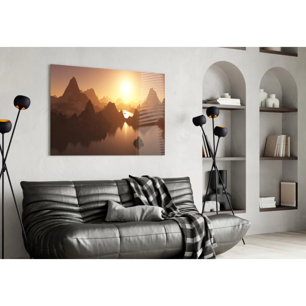 Leather sofa with checkered blanket under Misty Mountain Sunrise wall art