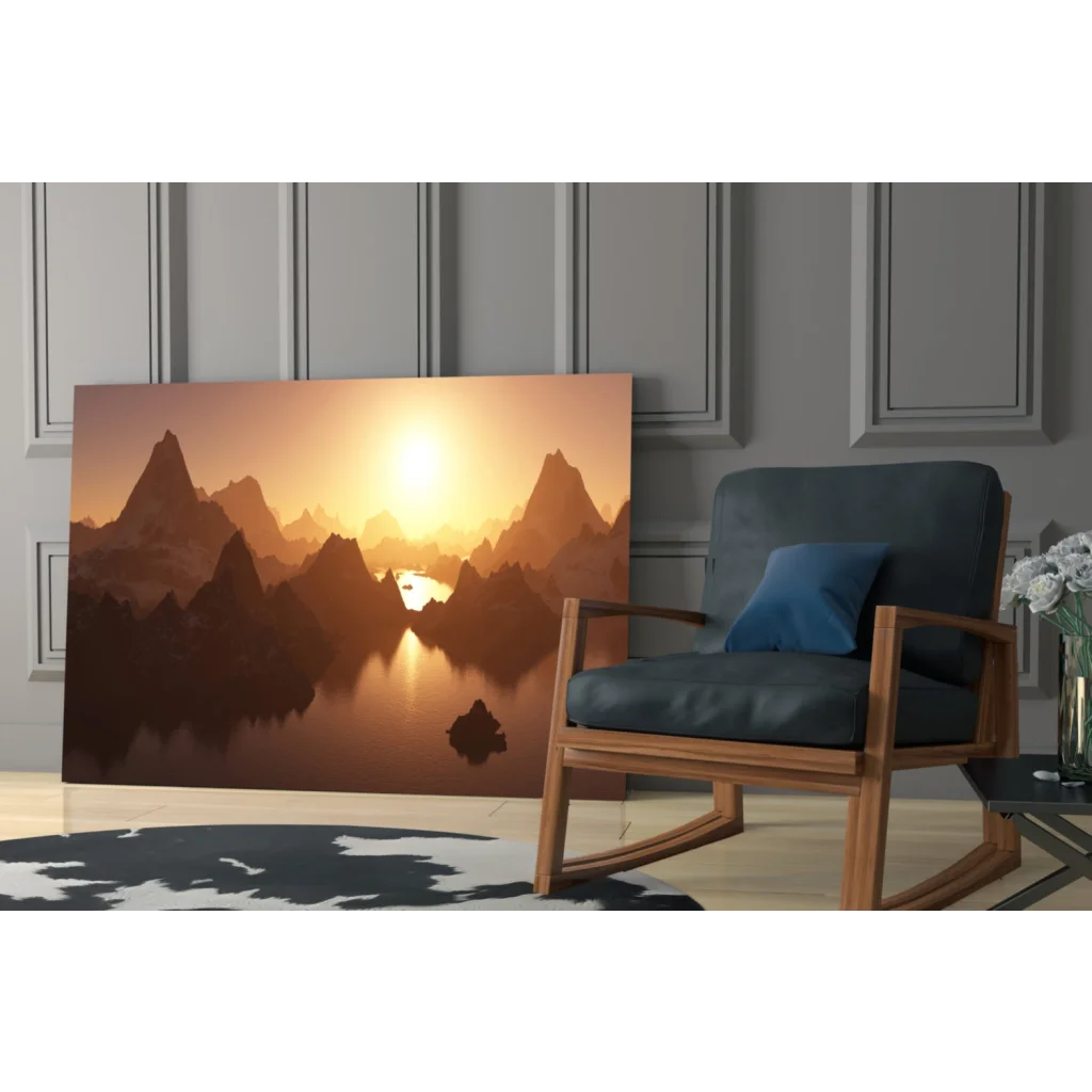 Serene Misty Mountain Sunrise canvas wall art print with golden sunset hues