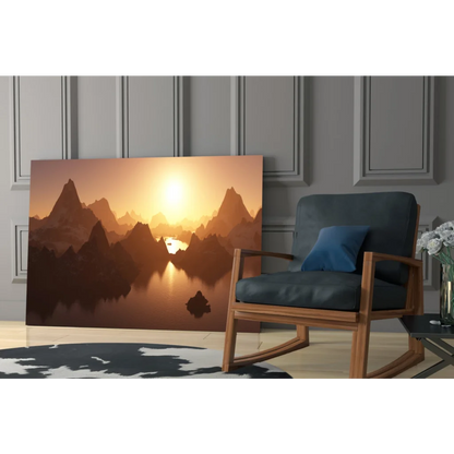 Serene Misty Mountain Sunrise canvas wall art print with golden sunset hues