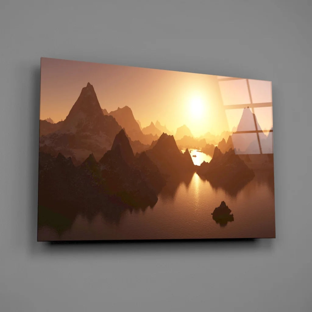 Stunning Samsung QLED TV in Misty Mountain Sunrise glass wall art