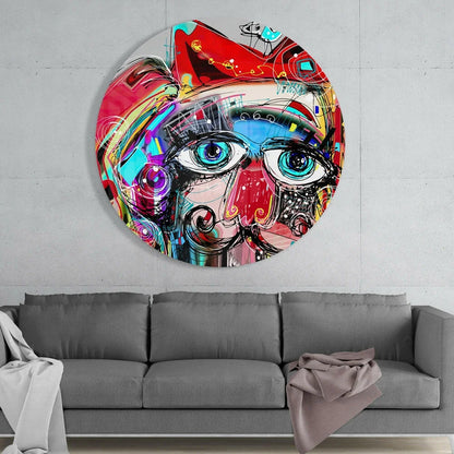 Vibrant circular abstract portrait tempered glass art with bold reds, blues, purples, and expressive eyes