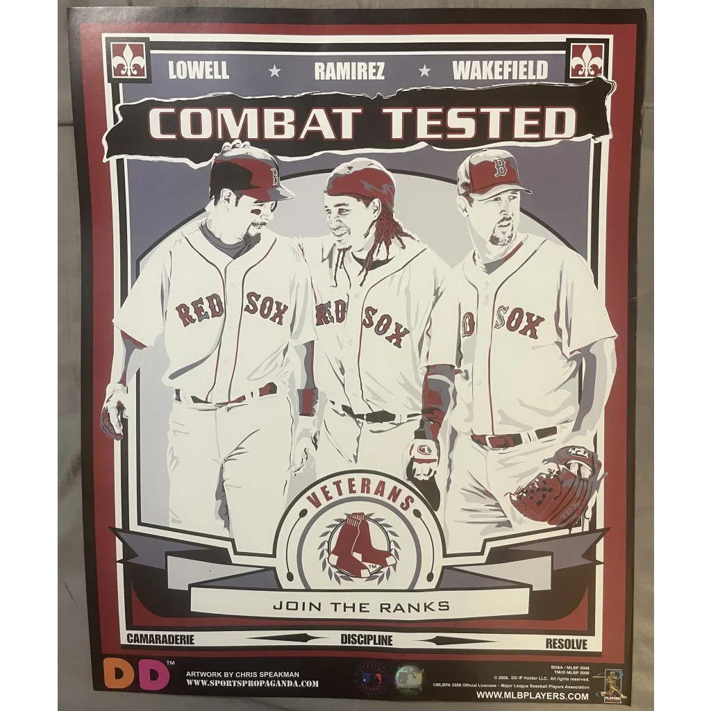 Poster of Boston Red Sox players with Combat Tested text and team logo for 2008 Dunkin