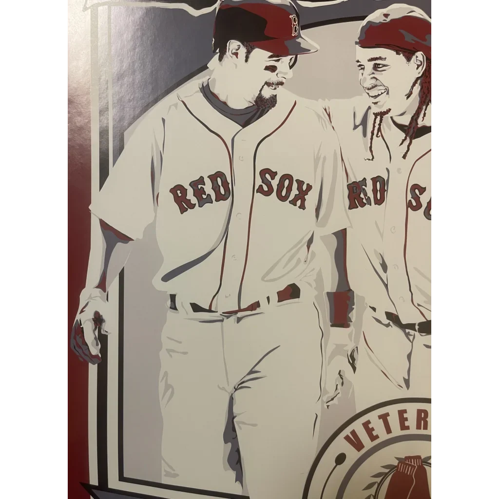 Two Boston Red Sox players in vintage uniforms on a Dunkin poster