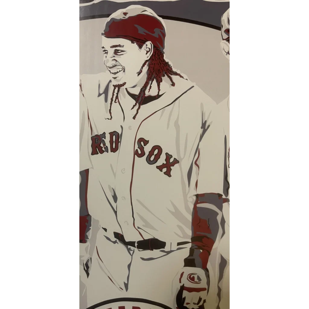 Baseball player in Boston Red Sox uniform with a cap and bandana on Dunkin poster