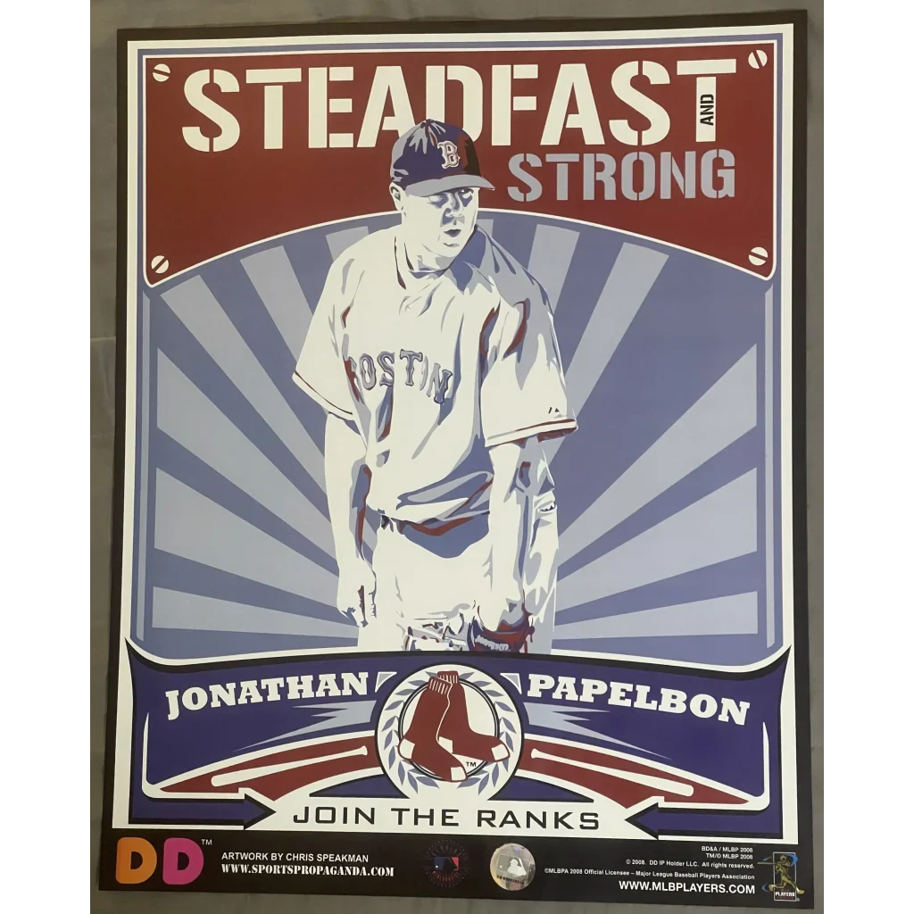 Vintage-style Boston Red Sox poster featuring player and Steadfast Strong text