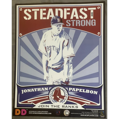 Vintage-style Boston Red Sox poster featuring player and Steadfast Strong text