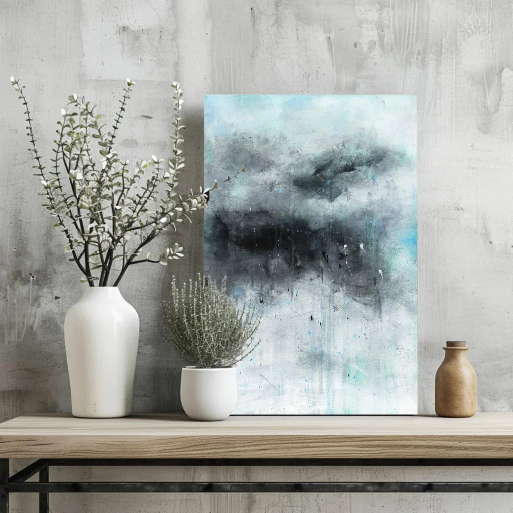 Modern abstract aluminum print in black, white, and gray tones with textured design