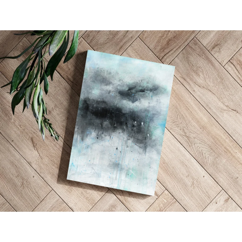 White gray abstract aluminum print with black accents on wood floor