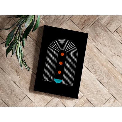 Modern abstract arches canvas print in black with white arches, orange dots, teal semicircle