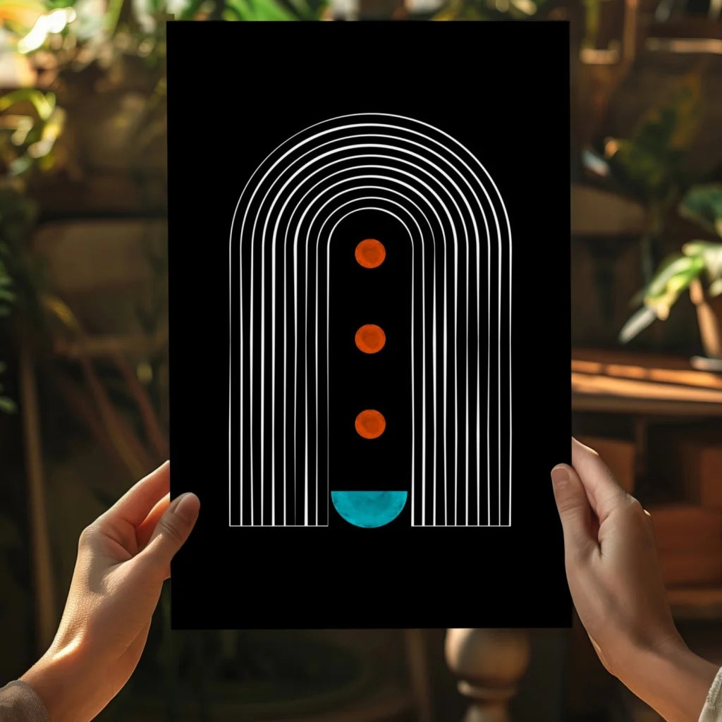 Modern abstract arches canvas print in black with white concentric arches, orange circles, teal semicircle