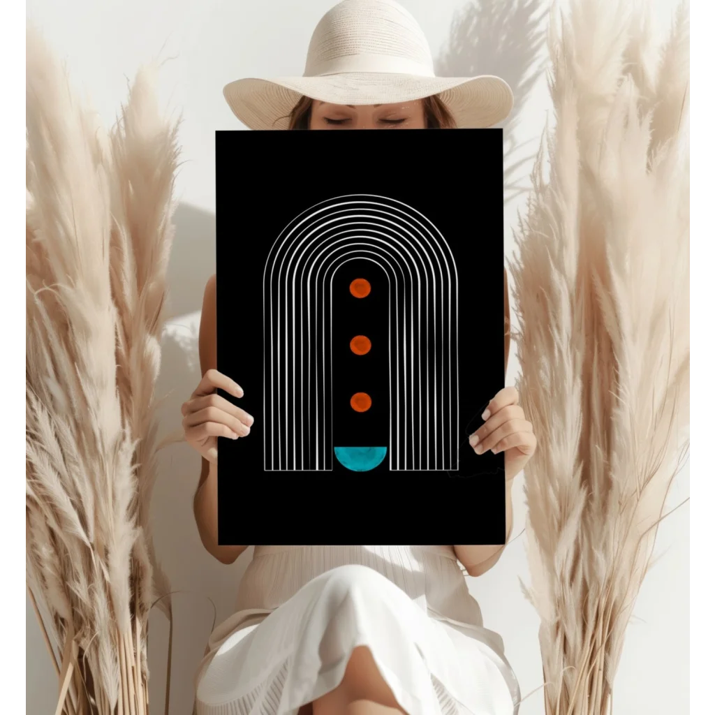 Modern abstract arches canvas print in black with white arches, orange dots, teal semicircle