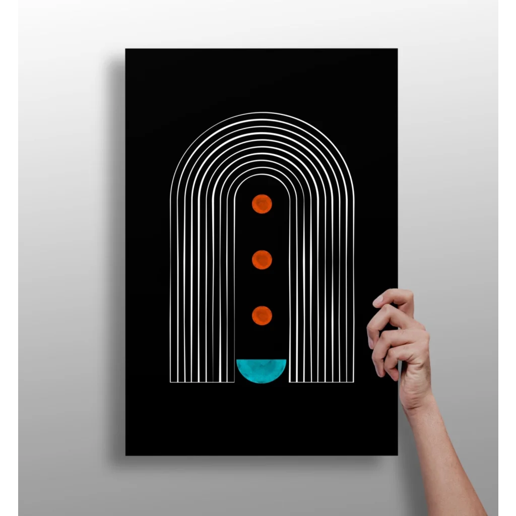 Modern abstract arches canvas print with black background, white concentric arches, stacked orange circles, and teal semicircle