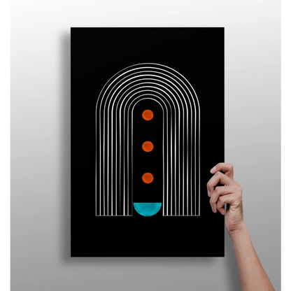 Modern abstract arches canvas print with black background, white concentric arches, stacked orange circles, and teal semicircle