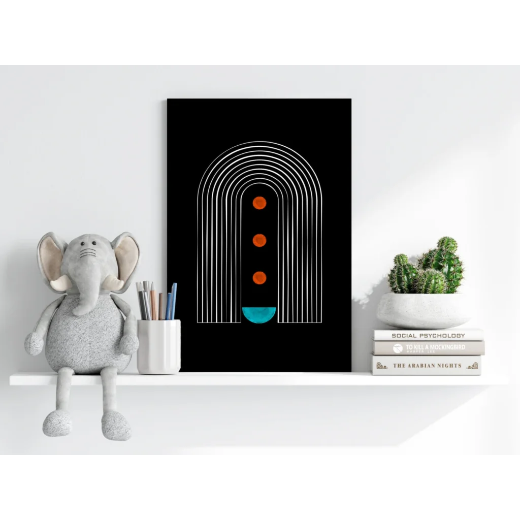 Black modern abstract arches canvas print with white concentric arches, orange dots, teal semicircle