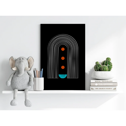 Black modern abstract arches canvas print with white concentric arches, orange dots, teal semicircle