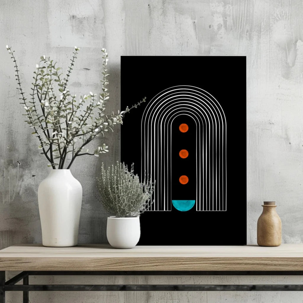 Modern abstract arches canvas print in black with white arches, orange circles, teal semicircle