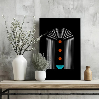 Modern abstract arches canvas print in black with white arches, orange circles, teal semicircle