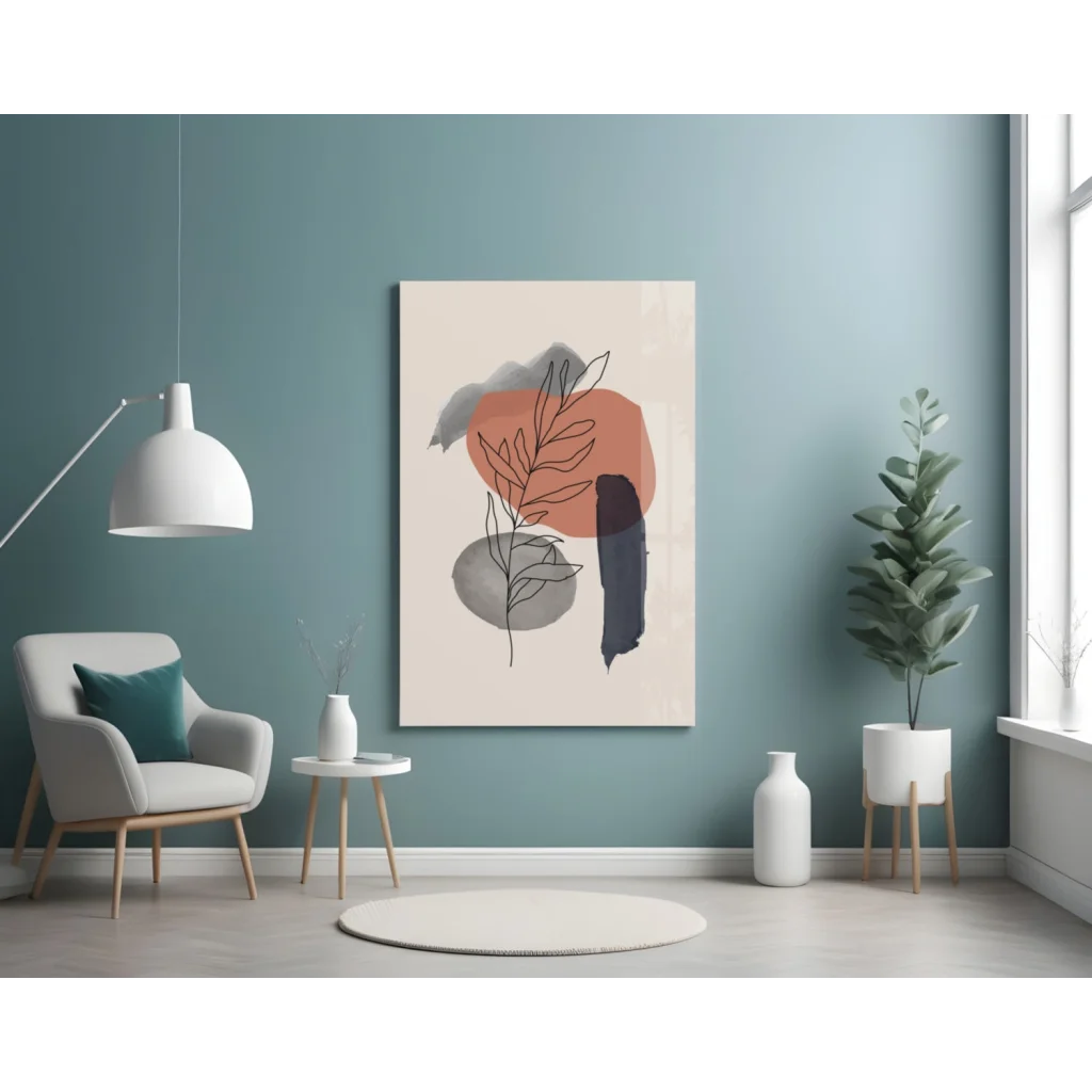 Modern abstract wall art print in orange, gray, black geometric shapes