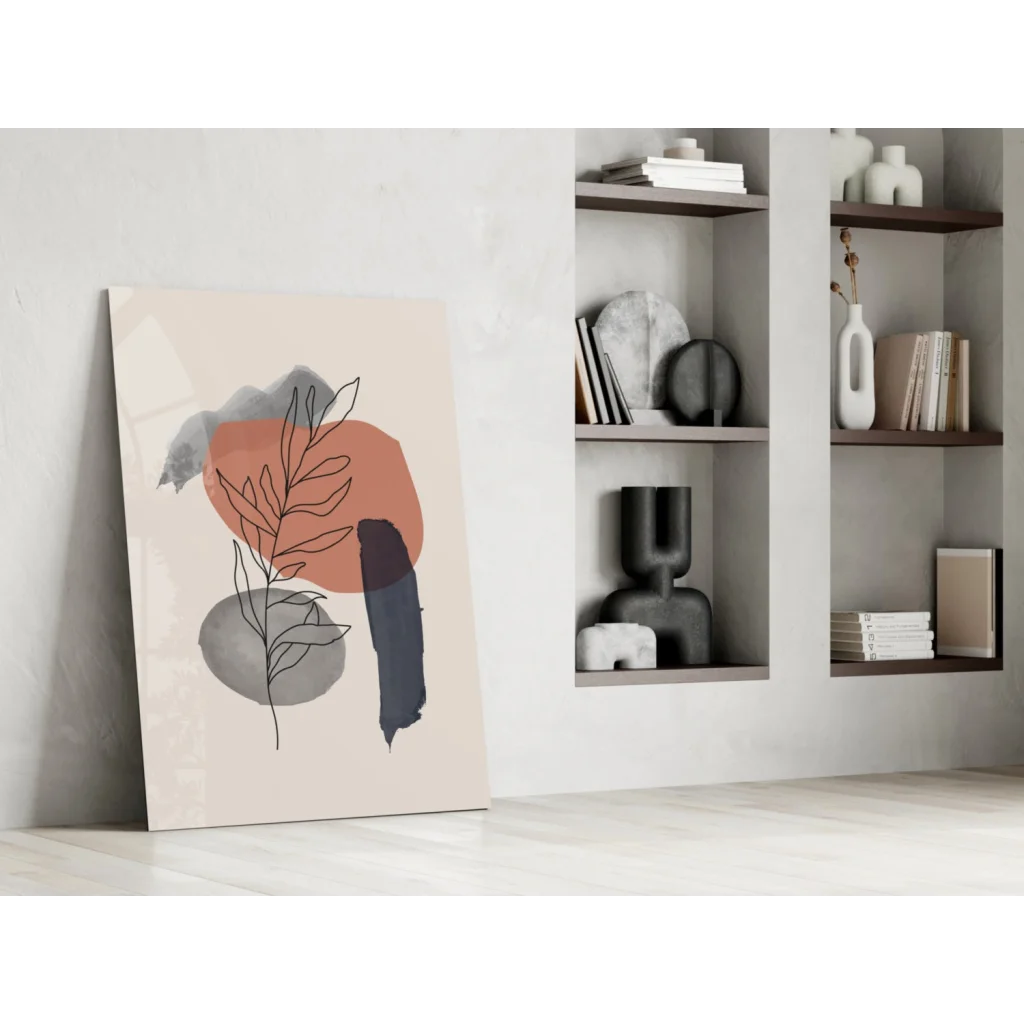 Beige abstract wall art print with geometric shapes in muted pink, gray, black tones