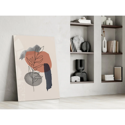 Beige abstract wall art print with geometric shapes in muted pink, gray, black tones