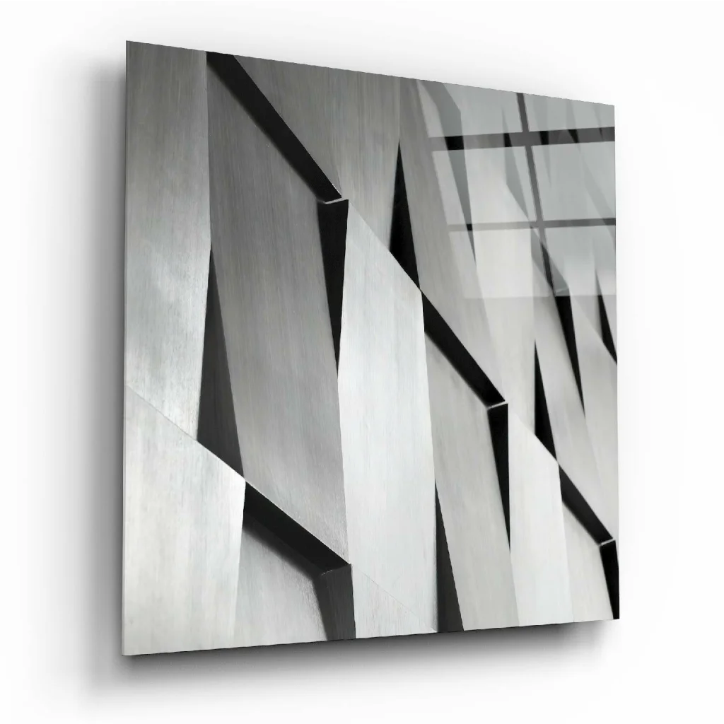 Stunning angular geometric glass wall art in black and white tones