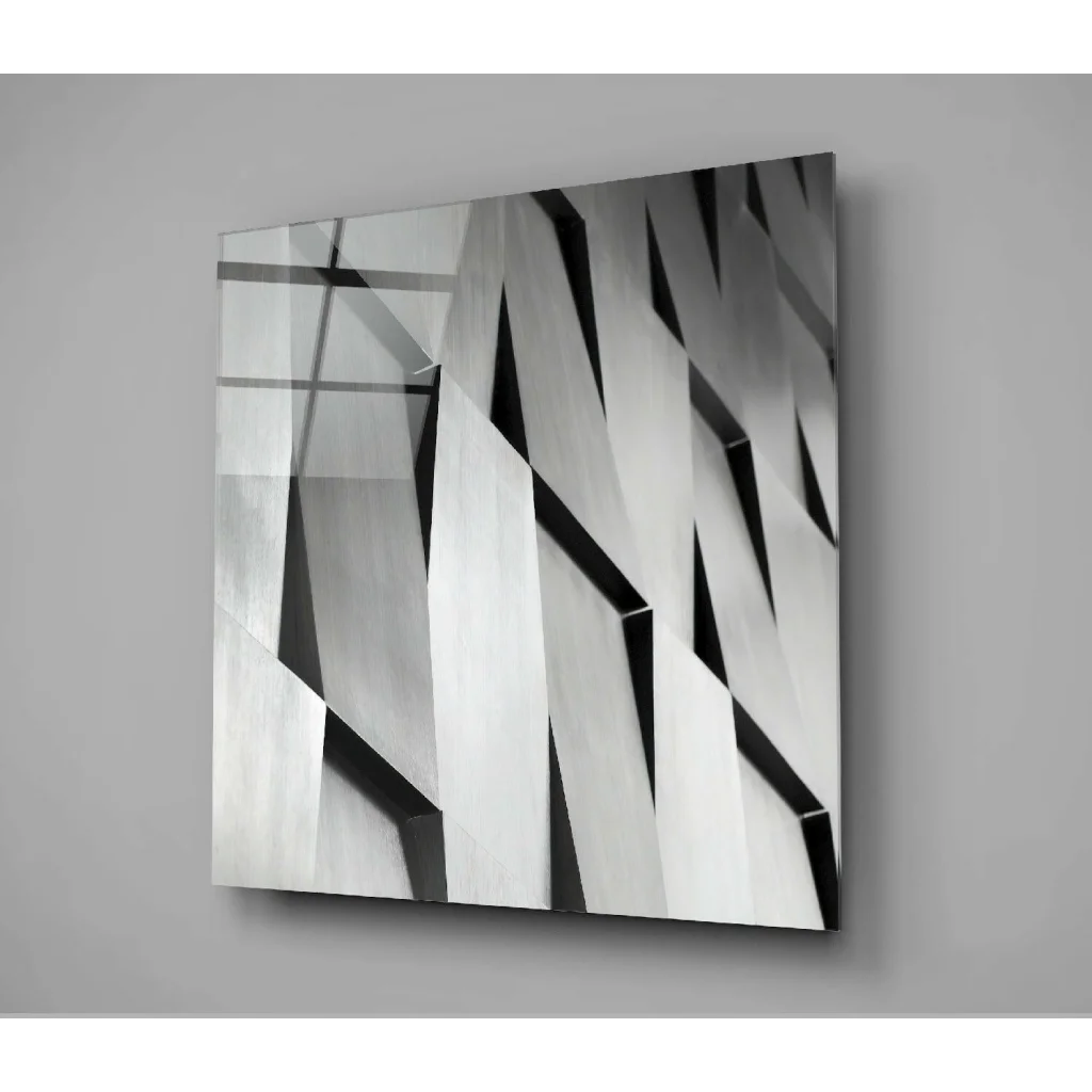 Stunning angular geometric glass wall art in black, white, gray tones