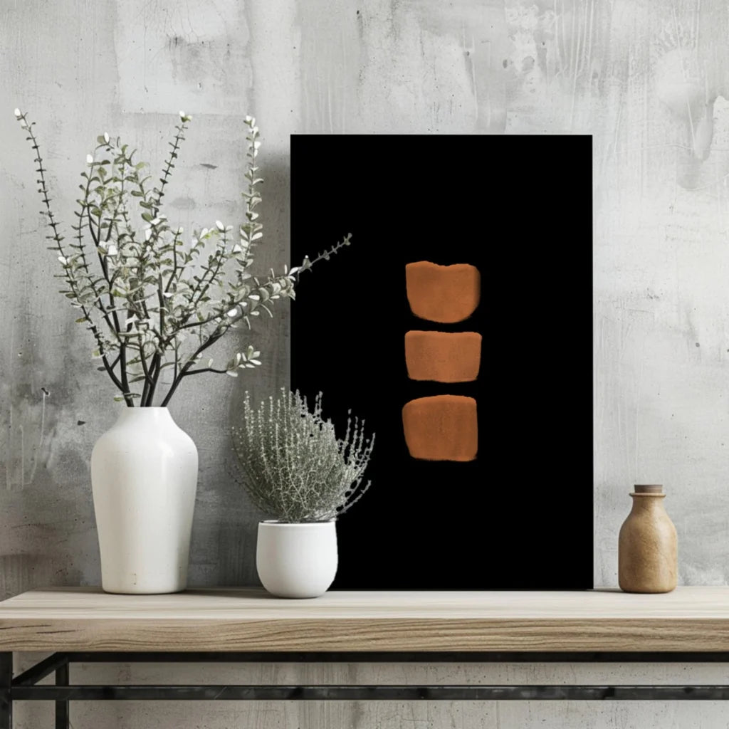 Modern aluminum art print with bold terracotta shapes