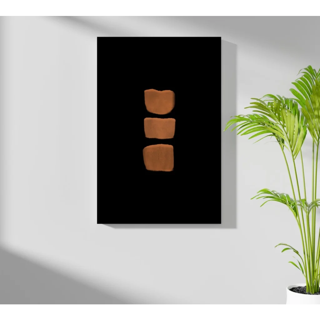 Modern aluminum art print of minimalist terracotta shapes on black