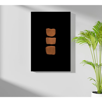 Modern aluminum art print of minimalist terracotta shapes on black