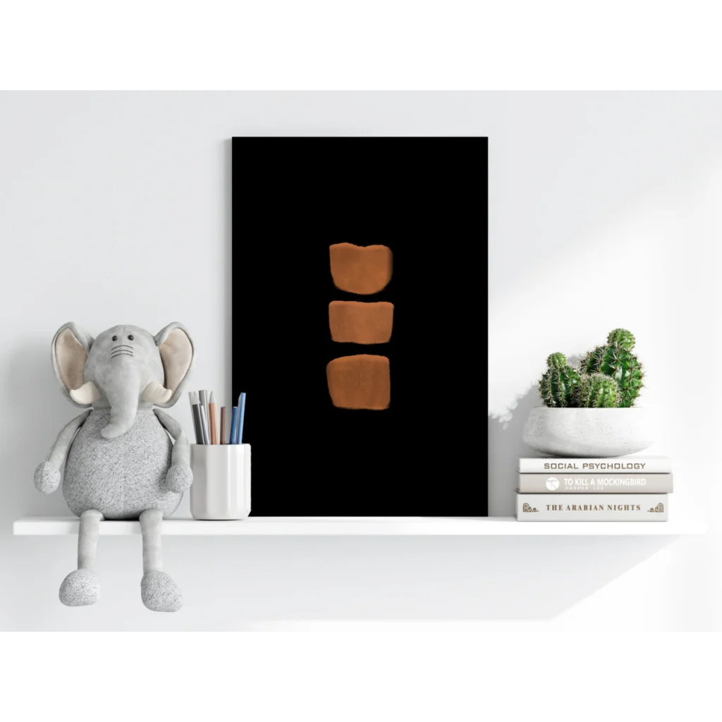 Modern aluminum art print with bold terracotta shapes