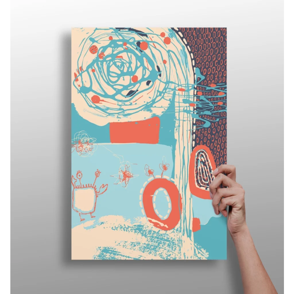 Insigne aluminum prints with swirling teal coral abstract art and cartoon characters