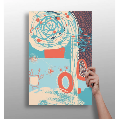 Insigne aluminum prints with swirling teal coral abstract art and cartoon characters