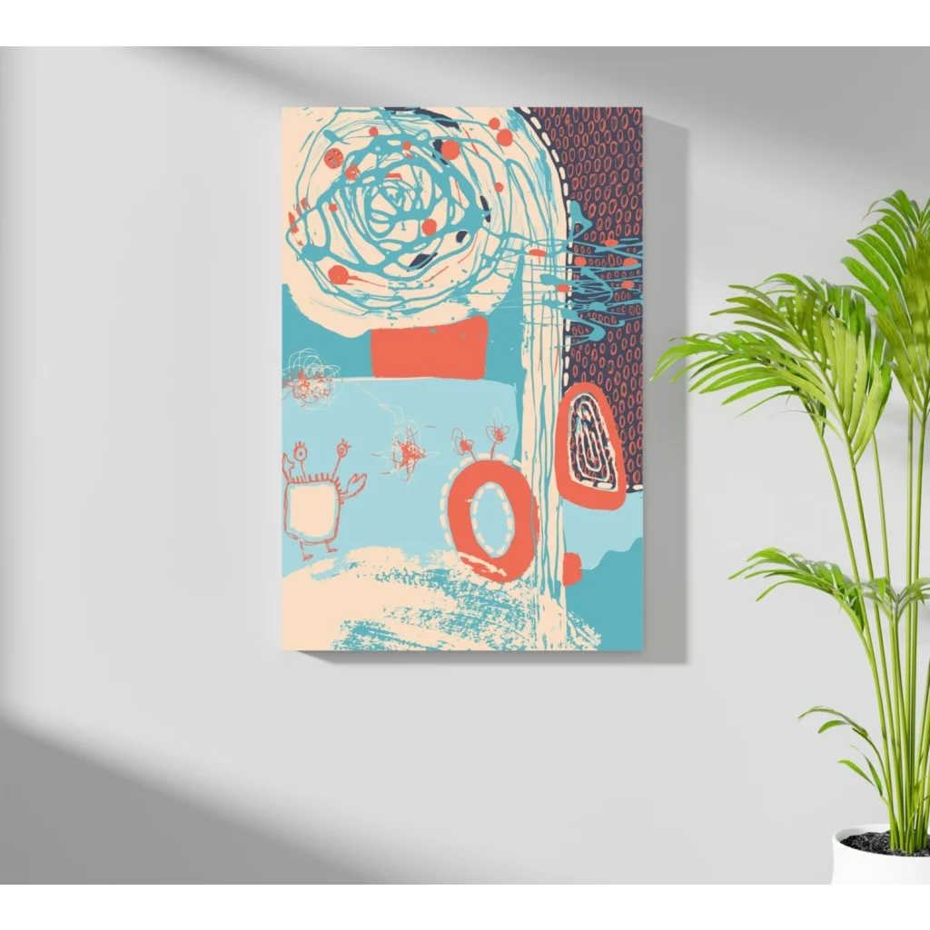 Vibrant swirling teal coral abstract on Insigne aluminum prints with cartoon characters