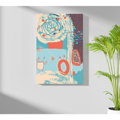 Vibrant swirling teal coral abstract on Insigne aluminum prints with cartoon characters