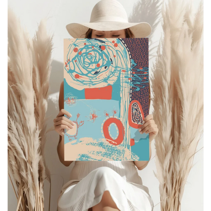 Insigne aluminum prints of swirling teal coral abstract art held by person in white hat