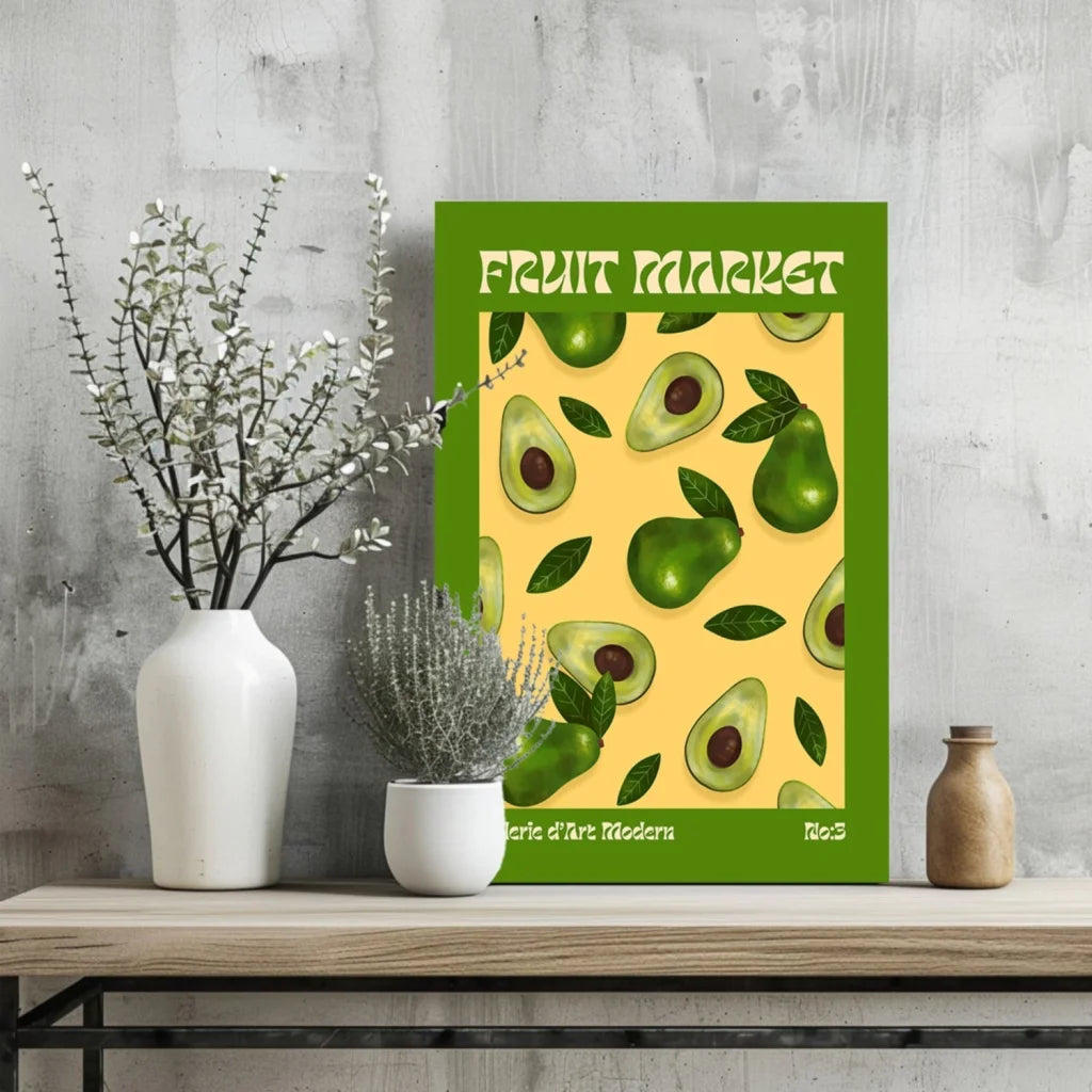 Vibrant green-framed avocado fruit market poster on insigne aluminum prints